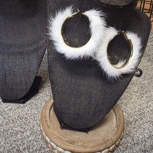 White Faux Fur Gold Hoop Earrings – Winter Glam Statement Jewelry